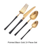 Matte black gold flatware set arranged on a table, showcasing elegant cutlery
