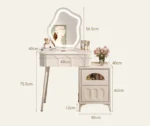 Modern wood makeup vanity table with mirror, drawer, and stool in a bedroom setting