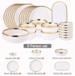 Nordic Style Gold Inlay Bright White Porcelain Dinner Sets Ceramic Bowl Dish Plates Set Porcelain Dinnerware For Household