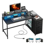 EnHomee 40" L-Shaped Computer Desk with Monitor Stand & 3 Drawers Gaming Desk with Power Outlet and LED Lights for