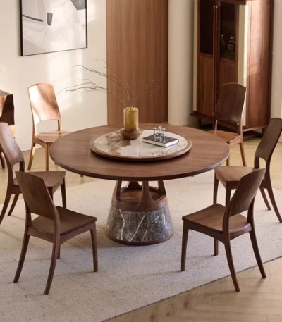 Round mobile dining table with caster wheels - space-saving solid wood table for small dining areas