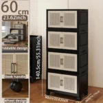 Foldable storage cabinet on wheels in white with two doors, 60cm wide, perfect for bedroom organization