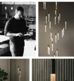 Pendant light in a modern staircase, with the fixture's glow reflecting on walls.