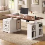 Farmhouse Electric Standing Desk, 63" Height Adjustable Computer Desk with 3 Drawers, Storage Shelves, Customized – in a