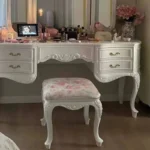 Modern wooden vanity table with mirror and stool in white finish for bedroom