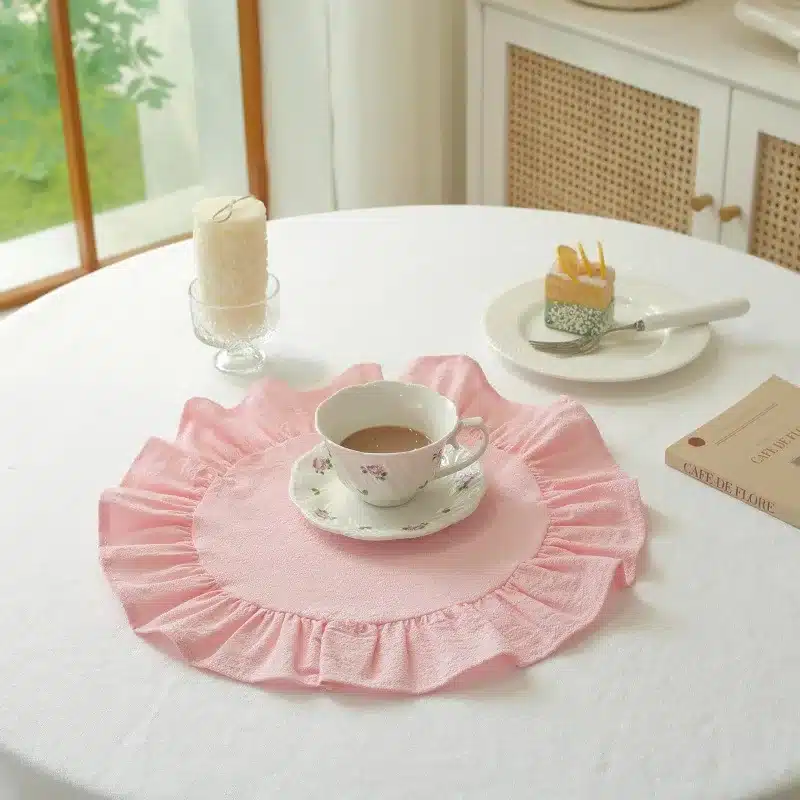 6Pcs 100% Cotton Scalloped Round Placemat with Ruffle Washable Table Mats for Kitchen Dining Holiday Gatherings Decor