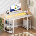 JHK 48 Inch Computer Desk with with Shelves Storage Drawers Office Wood Table with LED Lights Power Outlets Gaming Desk