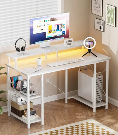 JHK 48 Inch Computer Desk with with Shelves Storage Drawers Office Wood Table with LED Lights Power Outlets Gaming Desk