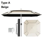 Large beach umbrella with octagonal canopy providing shade on a sunny beach