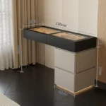 Minimalist modern dressing table with mirror and stool in a bedroom setting with 4 drawers and 4 doors