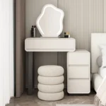 Modern minimalist vanity table with mirror and stool, wood construction, bedroom furniture