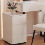 Modern vanity table with mirror and storage drawers in a bedroom setting