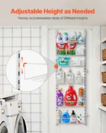 Over the door pantry organizer with 10 tiers holding spices and cans on a white door