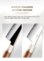 Professional nakiri knife with PM204 steel core and Mkuruti wood handle on wooden cutting board