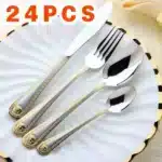 24 PCS Vintage Western Gold Plated Dinnerware Dinner Fork Knife Set Golden Cutlery Set Stainless Steel Engraving Tableware