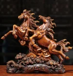 Resin horse statue on wine cabinet, brown and white painted details, living room with sofa in background.