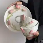 European Relief Ceramic Tulip Cup Afternoon Tea Dessert Pastry Tea Cup Painted Flowers Coffee Mug Couple's Water Cup Café