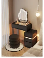 Luxury modern dressing table with mirror and stool in bedroom setting featuring compact vanity with drawers