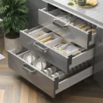 Kitchen drawer organizer with compartments for cutlery and utensils