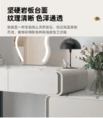 Modern makeup vanity table with mirror and storage drawer in bedroom setting
