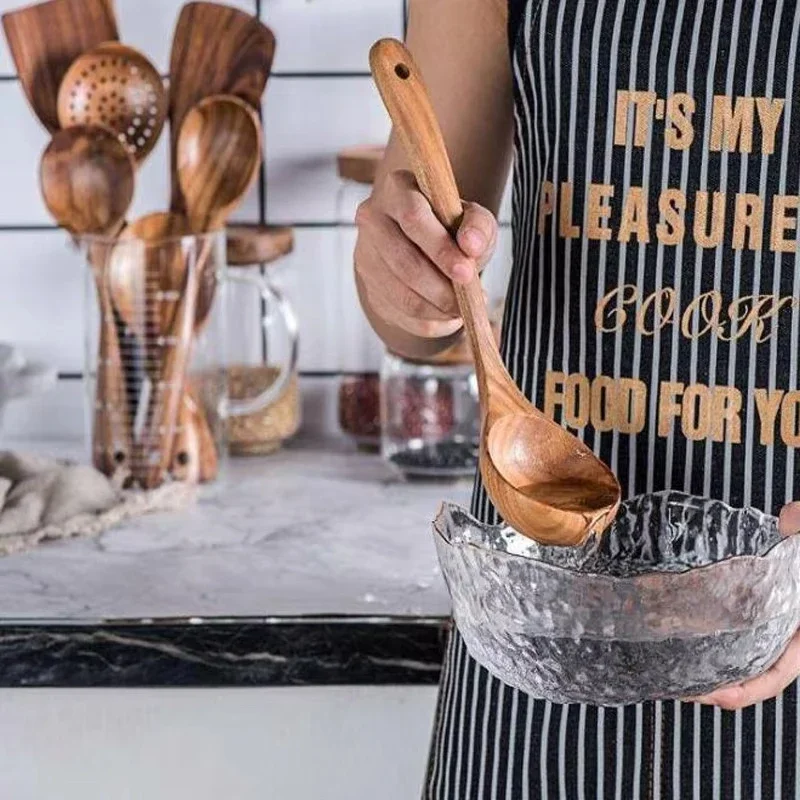 Cooking Tool Sets, Wooden Kitchen Spoons Toolset Wooden Cooking Utensils Spatula, Soup Ladle, Rice Scoop