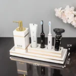 Volakos White Natural Marble Bathroom Accessories Golden Luxury Soap Dish Soap Dispenser Toothbrush Holder Tray Bathroom Set