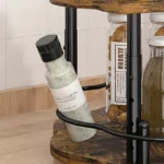 Kitchen countertop organizer with 360° rotating wooden spice rack holding oil, salt, and soy sauce bottles