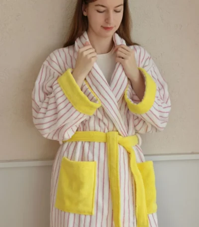 Color Matching Cotton Bathrobe Striped CottonYarn Bathrobes Soft Cozy Absorbent Bath Towel Robes V Neck Hooded Loose