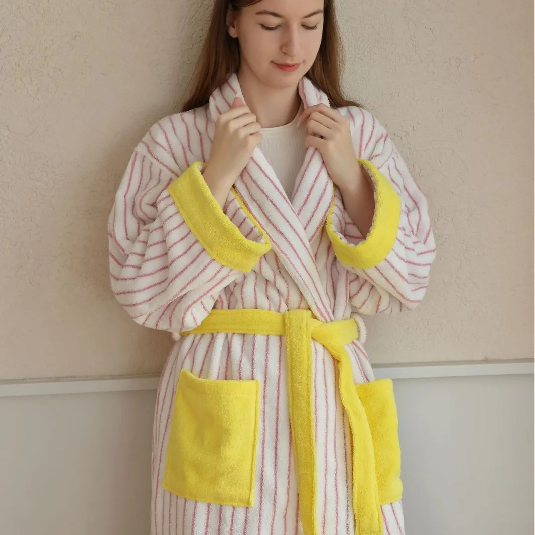 Color Matching Cotton Bathrobe Striped CottonYarn Bathrobes Soft Cozy Absorbent Bath Towel Robes V Color Matching Cotton Bathrobe Striped CottonYarn Bathrobes Soft Cozy Absorbent Bath Towel Robes V Neck Hooded Loose