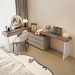 Goldoma Modern Minimalist Wooden Dressing Table with Mirror and Stool – styled in a modern Vanities setting