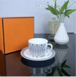 Newest Mosaic Patterned Grid-Shaped Dinner Plate Coffee Cup & Saucer Set Bone Coffee Sets Glasses Gold Outline Plates