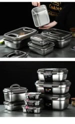 Large stainless steel food storage container with lid and handle for refrigerator organization