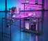 NOST&HOST 51" L-Shaped Gaming Desk Power Outlets LED Lights 4 Tier Shelves Hooks Cup Holder Home Office Carbon Fiber