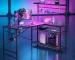 NOST&HOST 51" L-Shaped Gaming Desk Power Outlets LED Lights 4 Tier Shelves Hooks Cup Holder Home Office Carbon Fiber