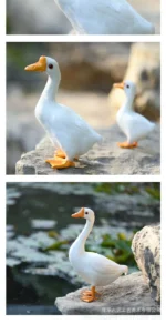 White goose garden statue in a spring garden with daffodils, conveying Easter gift vibe.