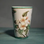 Divided ceramic bottle with floral design, used as toothbrush holder, on marble vanity.