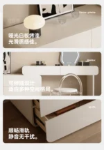 White minimalist wood dresser with mirror and stool in modern bedroom setting