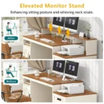 Farmhouse Computer Desk with Drawers, 65'' Home Office Desk with Power Outlets, Storage Cabinet and Printer Stand,