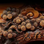 Horse statue on wine cabinet, close-up of the statue's face and chest, resin material visible.