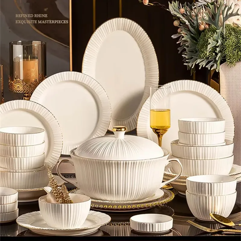 S77e08d731ad74999aa45e361b9bfec5b9.webp Relief Sculpture Gold Inlay Ceramic Rice Bowl Dishes Beef Steak Plate Fish Plate Premium Ceramic Tableware 1pcs - Image 1