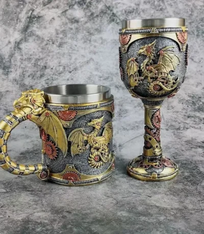 Creative 3D Mechanical Dragon Scale Beer Mug Large Capacity Coffee Cup Vintage Goblet 304 Stainless Steel Resin Bar Wine