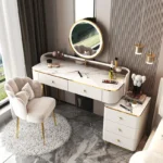 White MDF dressing table with mirror and stool in a modern bedroom setting