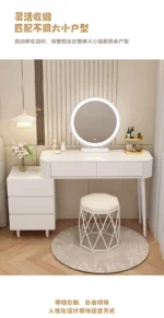 Modern storage vanity table with mirror and stool featuring multiple drawers for bedroom organization