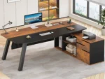71" Executive Desk with File Cabinet, Large Office Desk with Drawers and Shelves, L Shaped Computer Desk with Power,