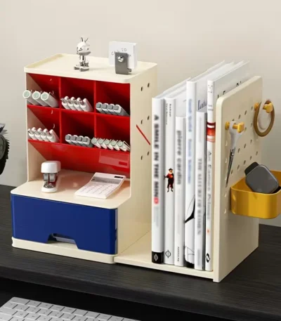 Desk Organizer with Retractable Bookend, Multi-Compartment Matte Finish, Hanging Storage Board, Large Capacity Pen Holder
