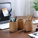 Rattan Pencil Holder, Handmade Wicker Pen Cup Makeup Brushes Holder, Woven Vine Desk Organizer Pen Container Box – top view