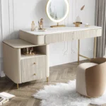 Modern dresser with mirror and stool – 2-drawer makeup vanity table in a minimalist bedroom setting