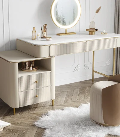 Modern dresser with mirror and stool – 2-drawer makeup vanity table in a minimalist bedroom setting