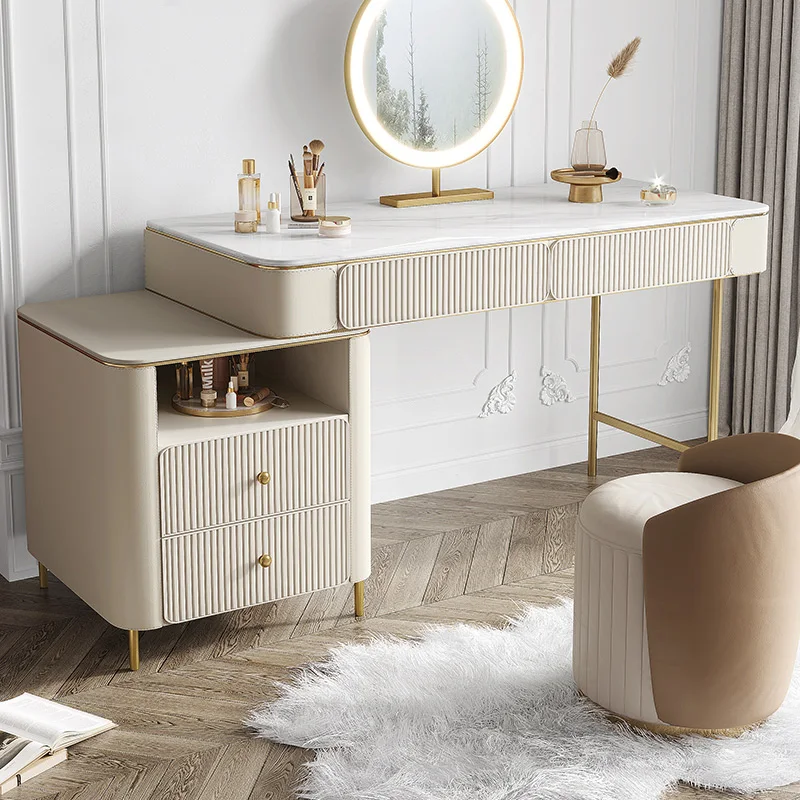 S79836a92764d4375859c98dd50b58910J.webp Modern dresser with mirror and stool – 2-drawer makeup vanity table in a minimalist bedroom setting