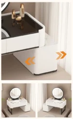 Modern minimalist dressing table with storage shelf for makeup organization in a bedroom
